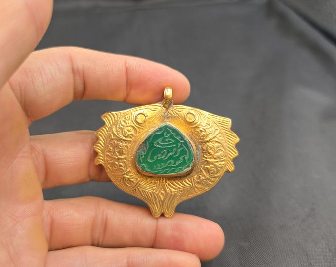 Vintage Gold Plated Pendant with Agate Stone, Ancient Calligraphy Carving