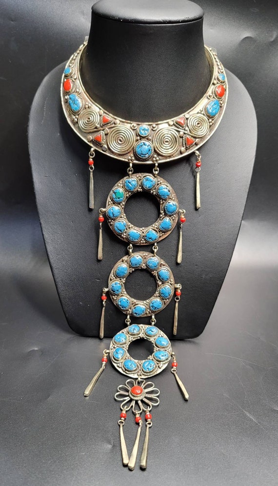 Very Unique Huge Vintage Native American Jewelry Navajo Offset Beads Sterling Silver Turquoise Ring Very Unique Huge Vintage Native American Jewelry Navajo Offset Beads Sterling Silver Turquoise Ring