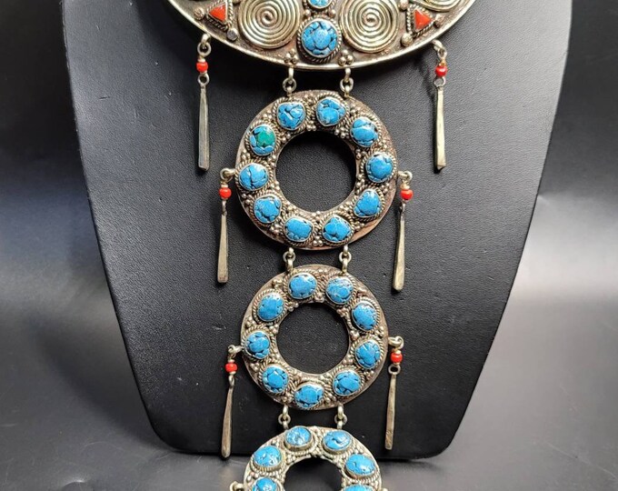 Unique Vintage Native American Turquoise Stone And Coral Silver Huge Necklace Choker