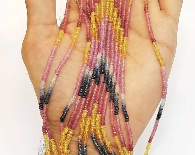 Top High Grade Micro Cut Beads Multi Sri Lanka Natural Sapphire Yellow Pink & Blue Strand Necklace