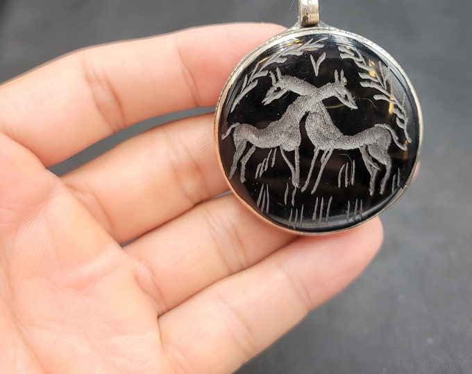 Ancient Old Black Agate Stone Beautiful Antique Soild Silver Pendant With Deers Intaglio