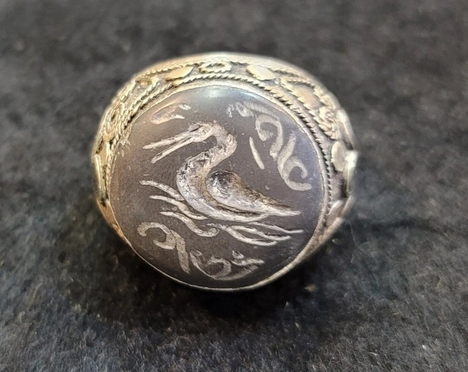 Bird Intaglio Huge Vintage Silver Carved Black Agate Stone Seal Ring