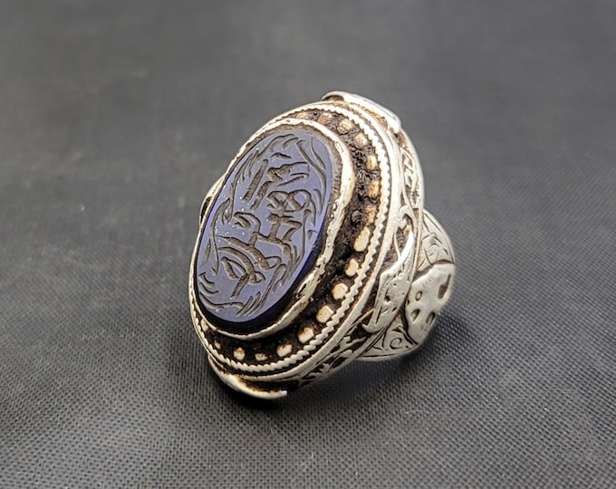 Vintage Silver Ring With Lapis Lazuli Stone Blessing iscarption Intaglio Unique Silver Ring