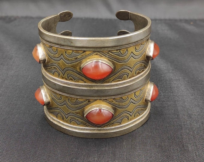 Wonderful Antique Old Silver With Gold Sheet Turkmani Cuff Bracelet With Red Agate Stone