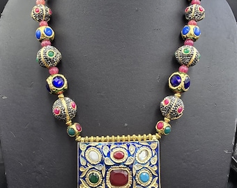 Vintage Mughal Design Handmade Enamel Pendant Necklace With Natural Gemstones
