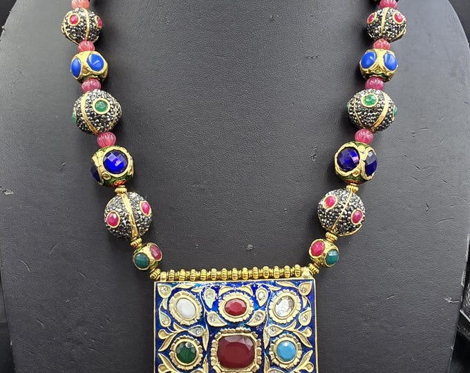 Vintage Mughal Design Handmade Enamel Pendant Necklace With Natural Gemstones