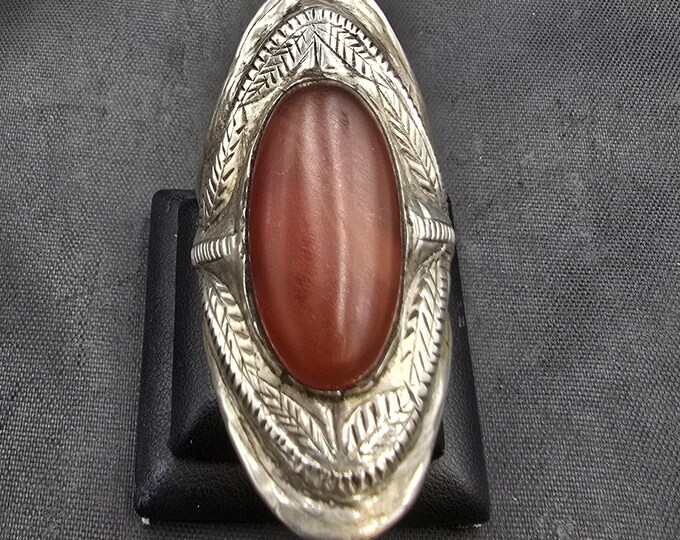 Antique Old Silver Handmade Huge Ring With Red Agate Stone