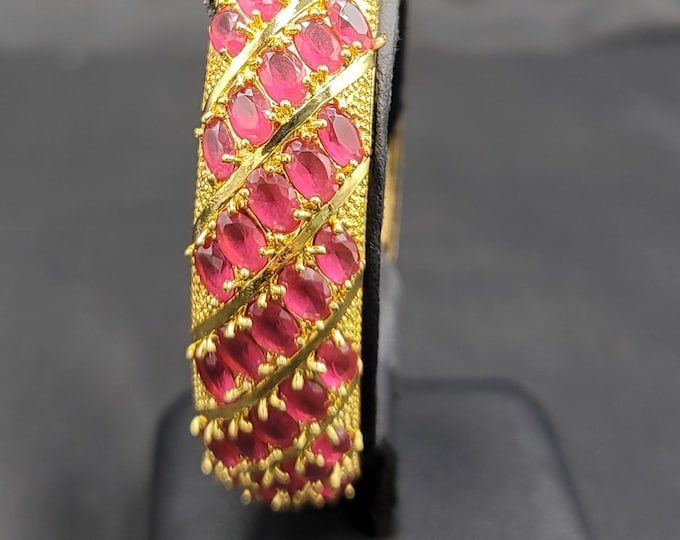 Gorgeous Red Ruby Gemstone Gold Over Silver Vintage Bangle Bracelet