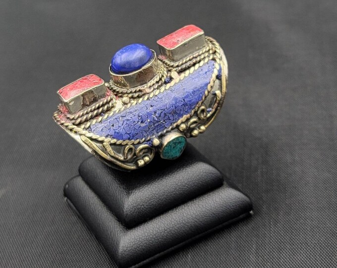 Huge Vintage Boho Silver Beautiful Ring With Lapis Lazuli And Red Coral