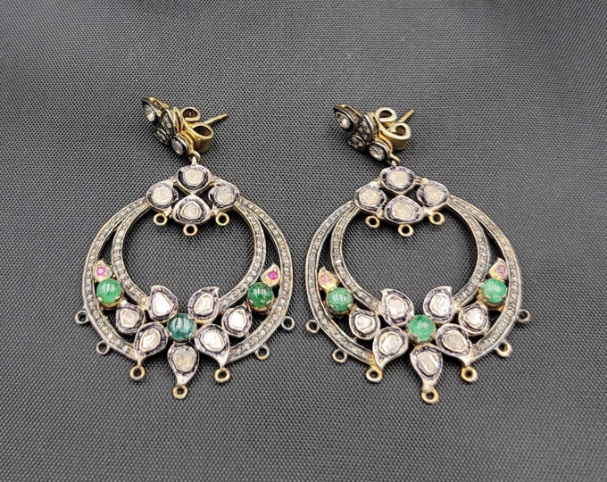 Victorian Design Vintage Gold Over Silver Beautiful Earrings With Natural Daimond And Green Emerald Gemstone