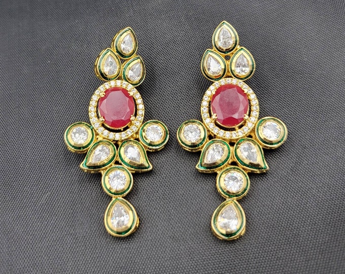 Beautiful Vintage Victorian Gold on Silver Earrings With Natural Ruby And White Toppaz Gemstone