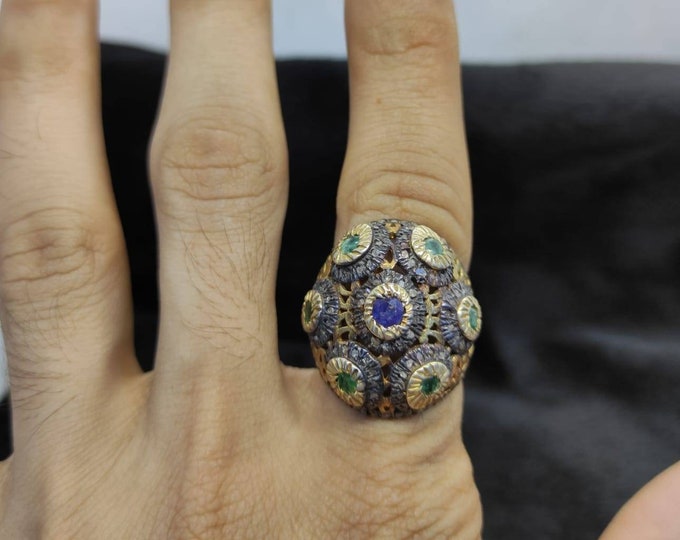 Rose Cut Daimond Green Emerald And Blue Sapphire 18k Gold Over Silver Ring