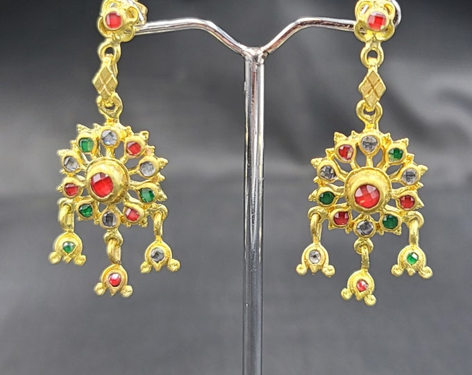 Gorgeous Vintage Silver Gold Plated Earrings With Natural Multi Simi Precious Gemstone