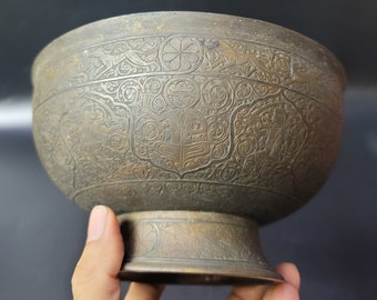 1700th Century Ottoman Empire Bronze Carved Ancient Calligraphy Bowl