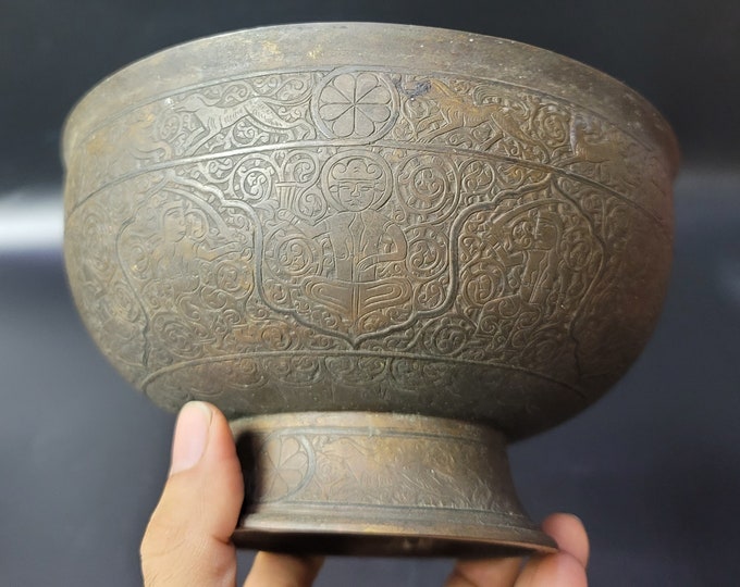 1700th Century Ottoman Empire Bronze Carved Ancient Calligraphy Bowl