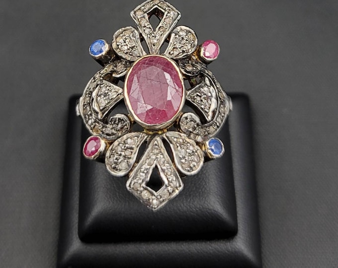 Gerogues Beautiful Natural Mozambique Red Ruby With Rose Cut Daimond Surround Gold Over Silver Ring
