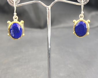 High Quality Natural Authentic Lapis Lazuli Stone Sterling Silver With Gold Gulding Earrings