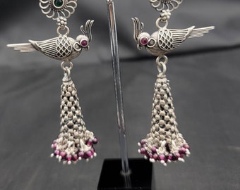 Vintage Silver Bird Jumki Earrings with Garnet