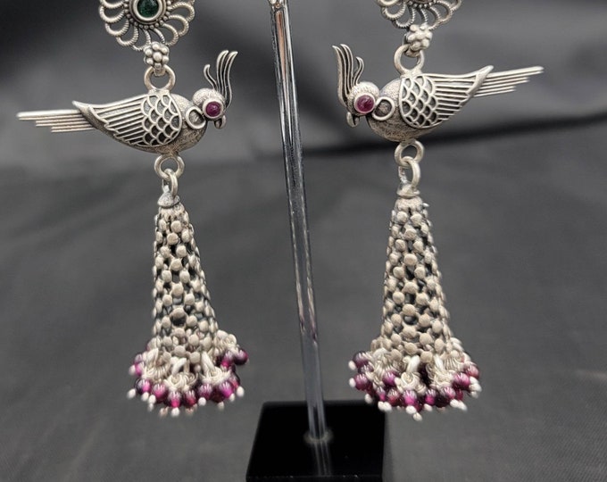 Beautiful Vintage Silver Bird Earrings Jumki Earrings With Tinny Garnet Stone