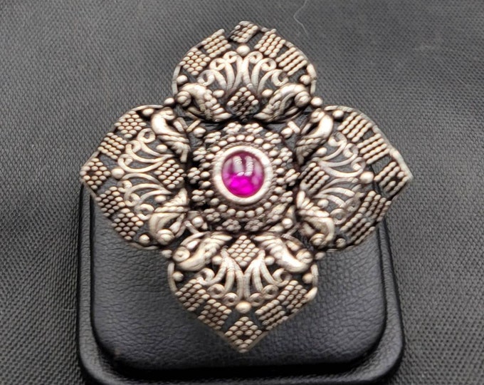 Vintage Near Eastern Sterling Silver Beautiful Ring With Natural Garnet Gemstone Adjustable Free Size Ring