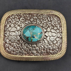 Handmade Near Eastern Silver Belt Buckle With Natural Turquoise Stone