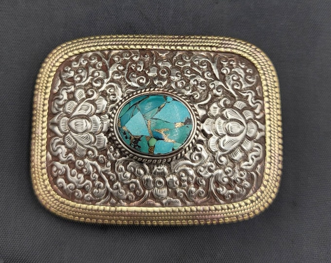 Handmade Near Eastern Silver Belt Buckle With Natural Turquoise Stone