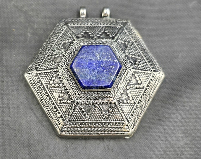 Handmade Vintage Authentic Near Eastern Silver Pendant With Natural Lapis Lazuli Stone