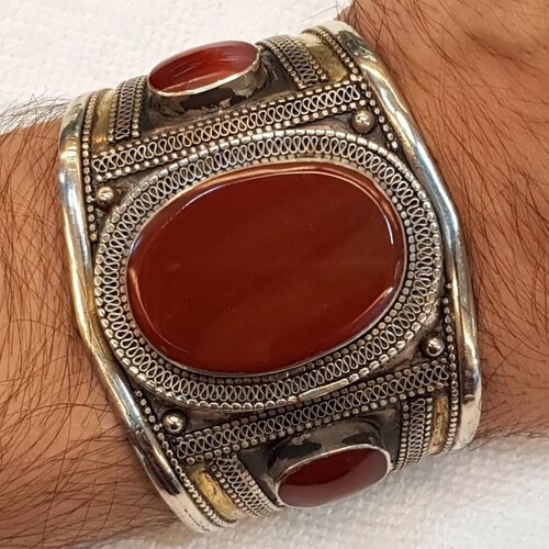 Beautiful Old Silver Vintage Tribal Bangle/ Cuff with shops Ancient Red Agate Stone