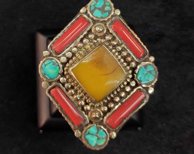 Authentic Tibetan Alpaka Silver Beautiful Ring With Copal Turquoise Coral Stone