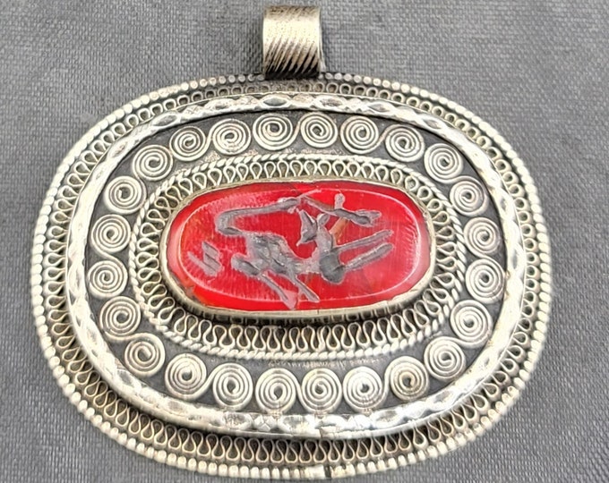 Amizing Ancient Agate Stone Deer Intaglio Near Eastern Silver Pendant