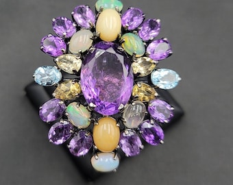 Handmade Sterling Silver Amethyst Ring with Opal, Sapphire, Aquamarine - Size 9