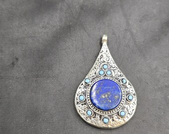 Authentic Real Silver Beautiful Vintage Silver Near Eastern Pendant With Natural Lapis Lazuli Stone