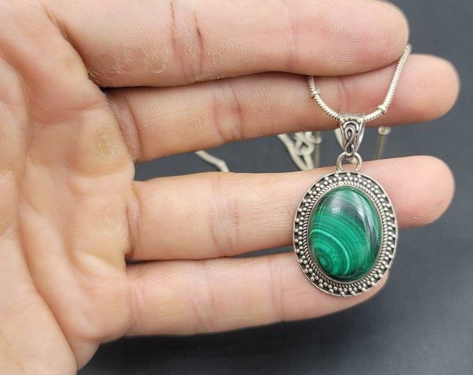 Vintage Sterling Silver Pendant With Natural Malachite Gemstone