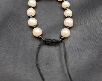 Freshwater Pearl Bracelet: Vintage Silver Ruby Bead, Black Onyx, Adjustable