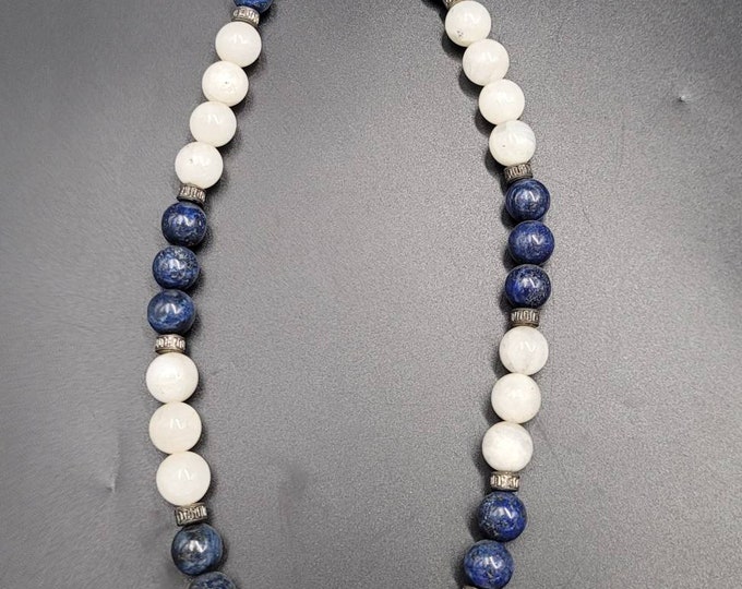 Natural Lapis Lazuli And Moonstone Round Beads Necklace From Afghanistan