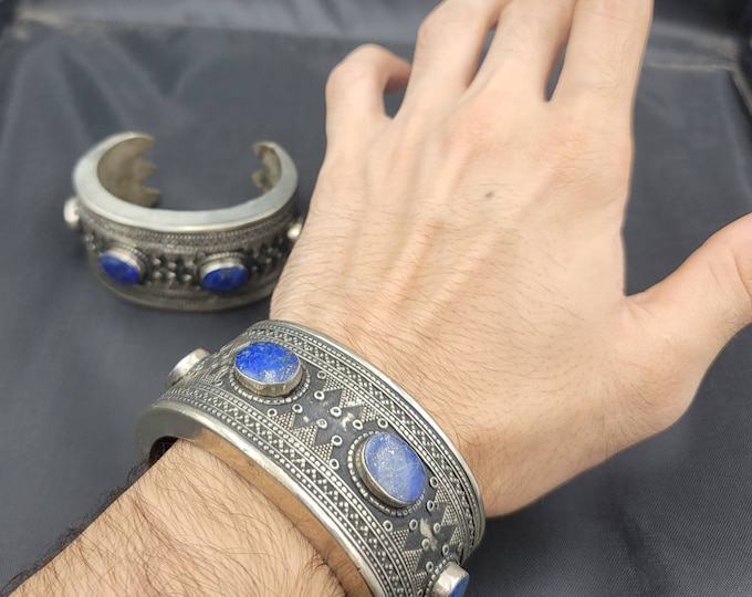 Near Eastern Old Silver Antique 1 Pair Bangle /Bracelet With Natural Lapis Lazuli Stone