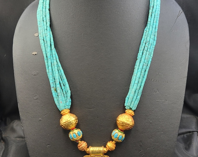 Beautiful Vintage Natural Turquoise Beads Gemstone With Gold Gulding Carved Mughal Design Necklace