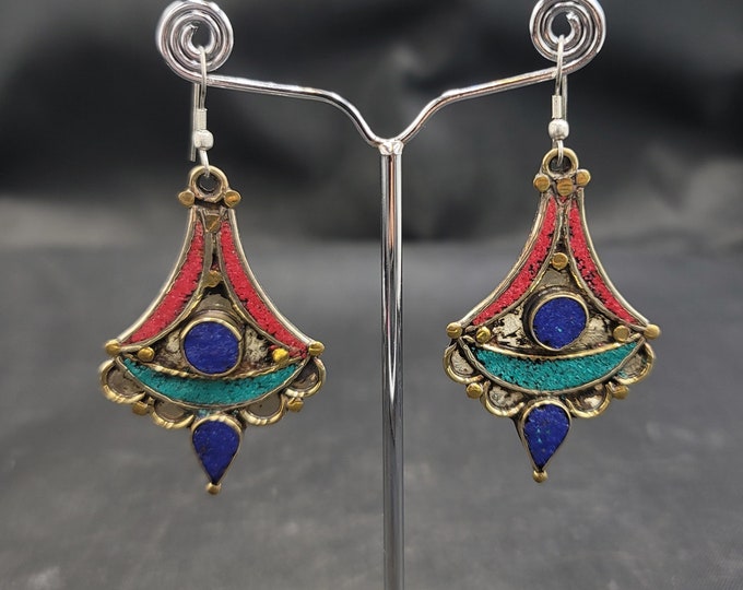 Tibeten Silver Beautiful Vintage Silver Earrings With Natural Lapis Lazuli Turquoise And Coral Stone
