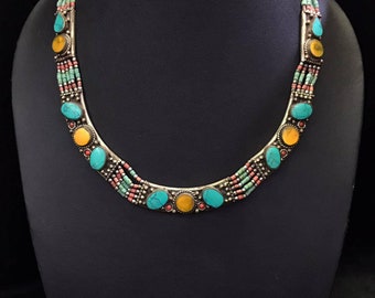 Vintage Silver Plated Turquoise Gemstone Coral Baho Necklace