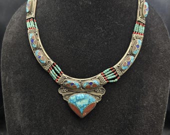 Old Handmade Vintage Tibetan Silver Necklace Turquoise And Coral Gemstone 45Cm