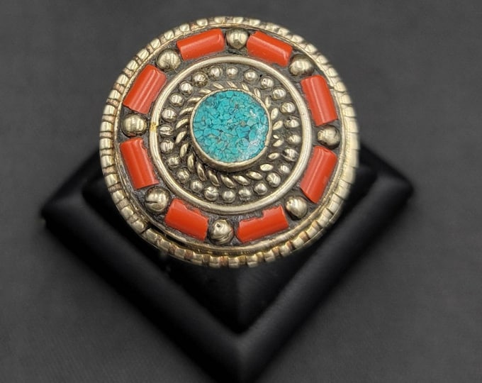 Vintage Beautiful Nepal Silver Ring With Natural Coral And Turquoise