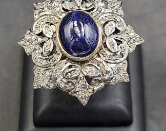 Gerogues Natural Bule Sapphire Gemstone With Rose Cut Daimond Surround Gold Over Silver Ring
