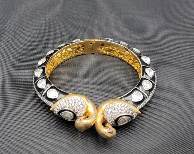 Gold Gulding Wonderful Black Enamel Antique Bangle With Natural White Toppaz Gemstone