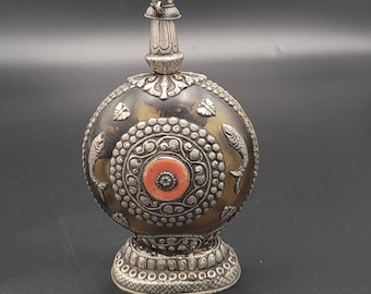 Antique Silver Engraved Agate Bottle: Coral & Turquoise Stones