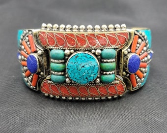 Boho Silver Euthic Tibeten Silver Bangle Bracelet With Natural Turquoise Coral