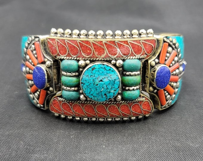 Boho Silver Euthic Tibeten Silver Bangle Bracelet With Natural Turquoise Coral