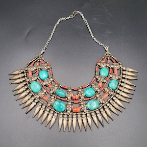Rare Euthic African Coral And Tibet Turquoise Stone Vintage Silver Necklace