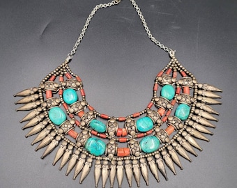 Rare Euthic African Coral And Tibet Turquoise Stone Vintage Silver Necklace