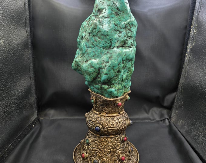 Big Old Natural Tibetan Turquoise Stone With Silver Mix Brass Seal Temple Stamp Art Deco