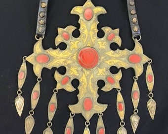 Antique Turkman Silver Necklace: Afghan Coral & Leather, Gold Plated